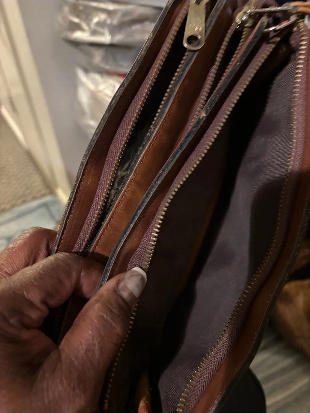 Men's Chestnut Leather Dual-Zip Briefcase Shoulder Bag